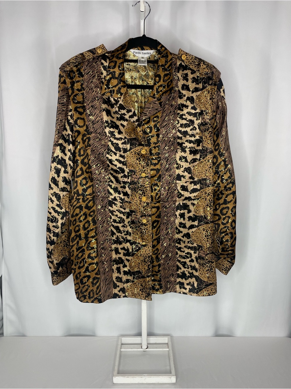 Paolo Santini 100% Silk Animal Print Blouse 16 Gold Metallic Leopard Zebra